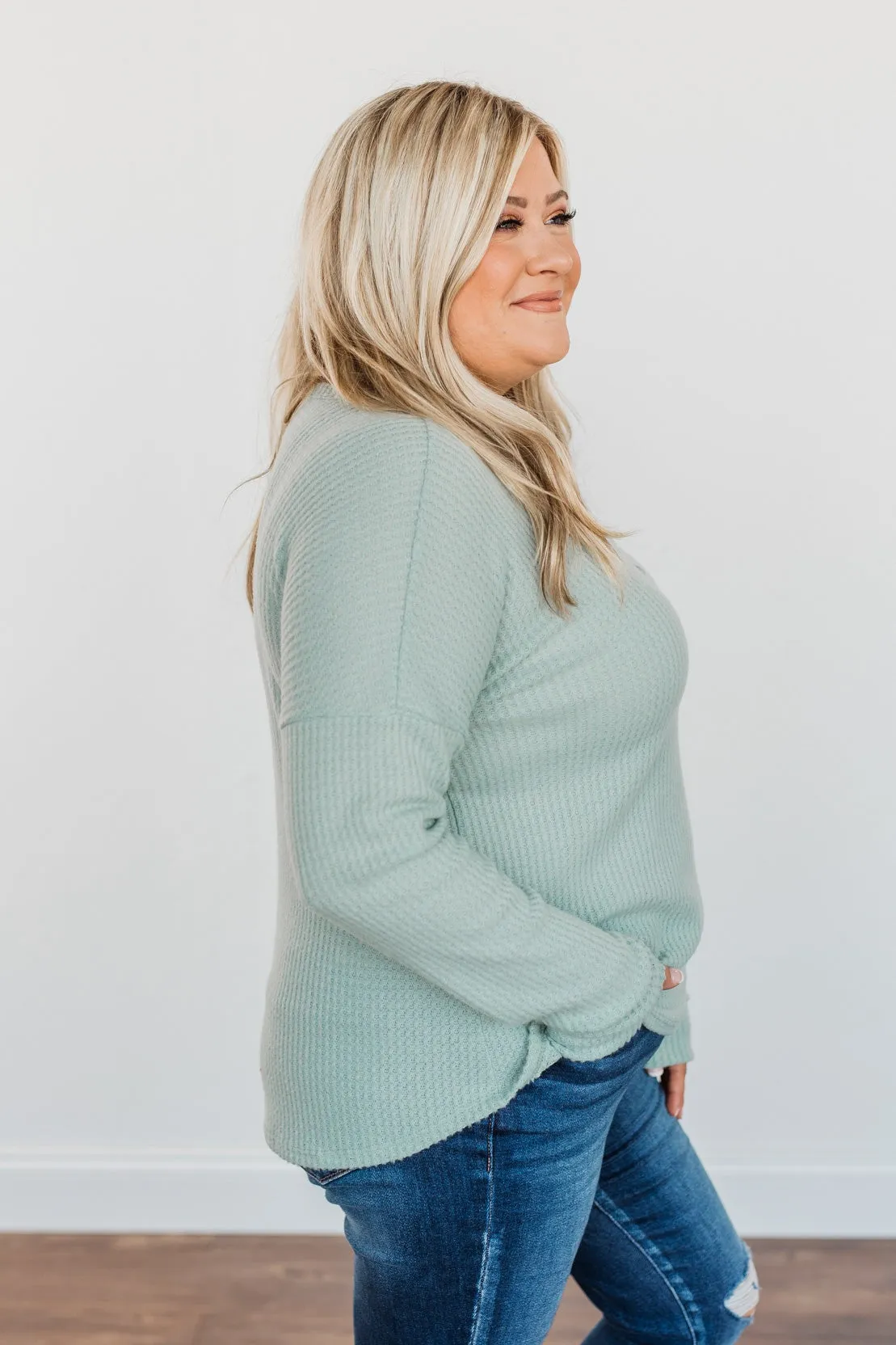 Happy Harvest Waffle Knit Button Top- Light Sage