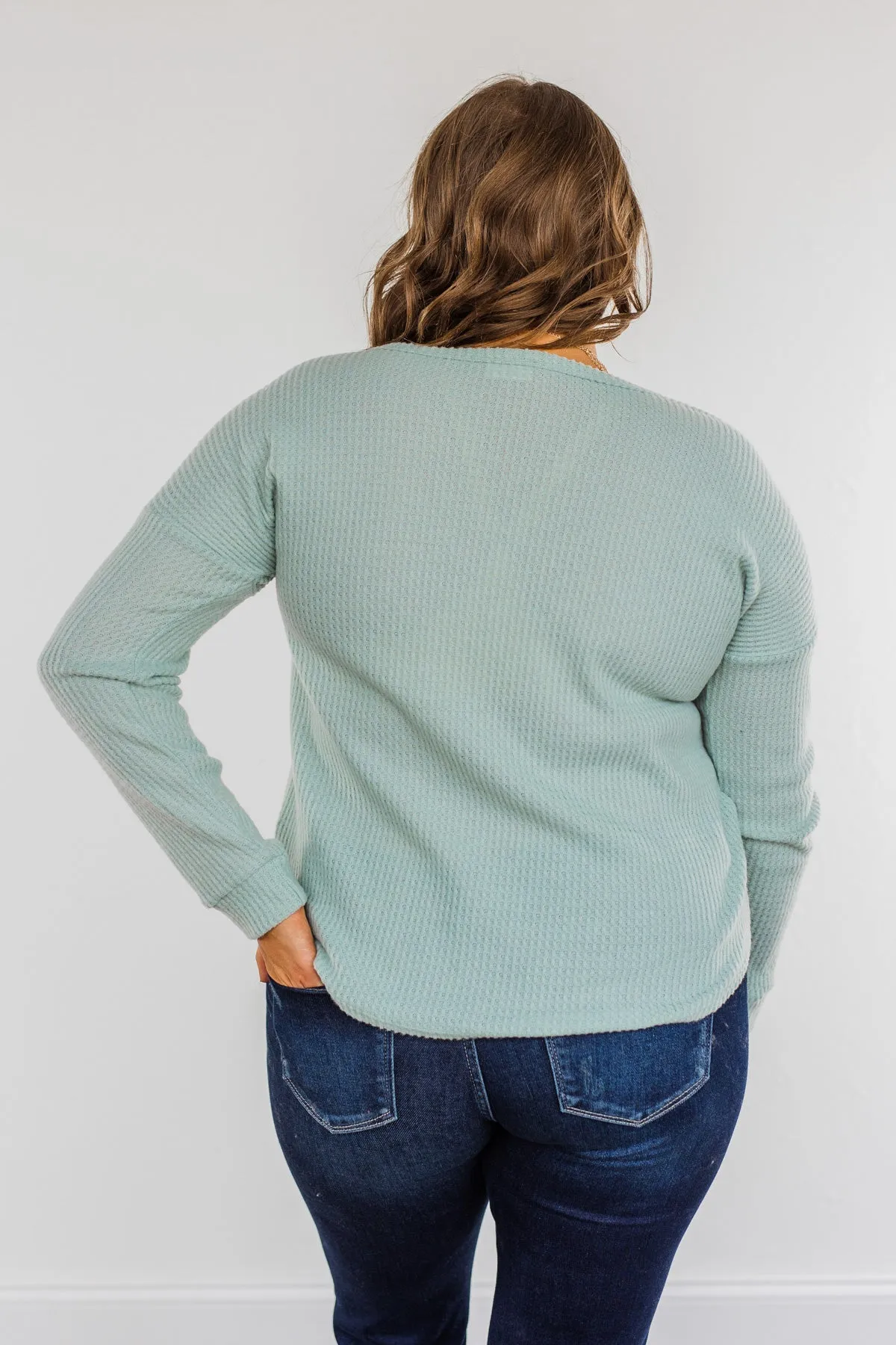 Happy Harvest Waffle Knit Button Top- Light Sage