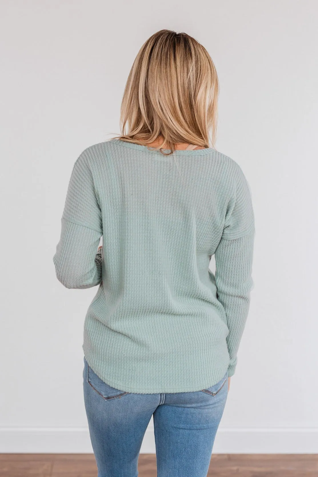 Happy Harvest Waffle Knit Button Top- Light Sage