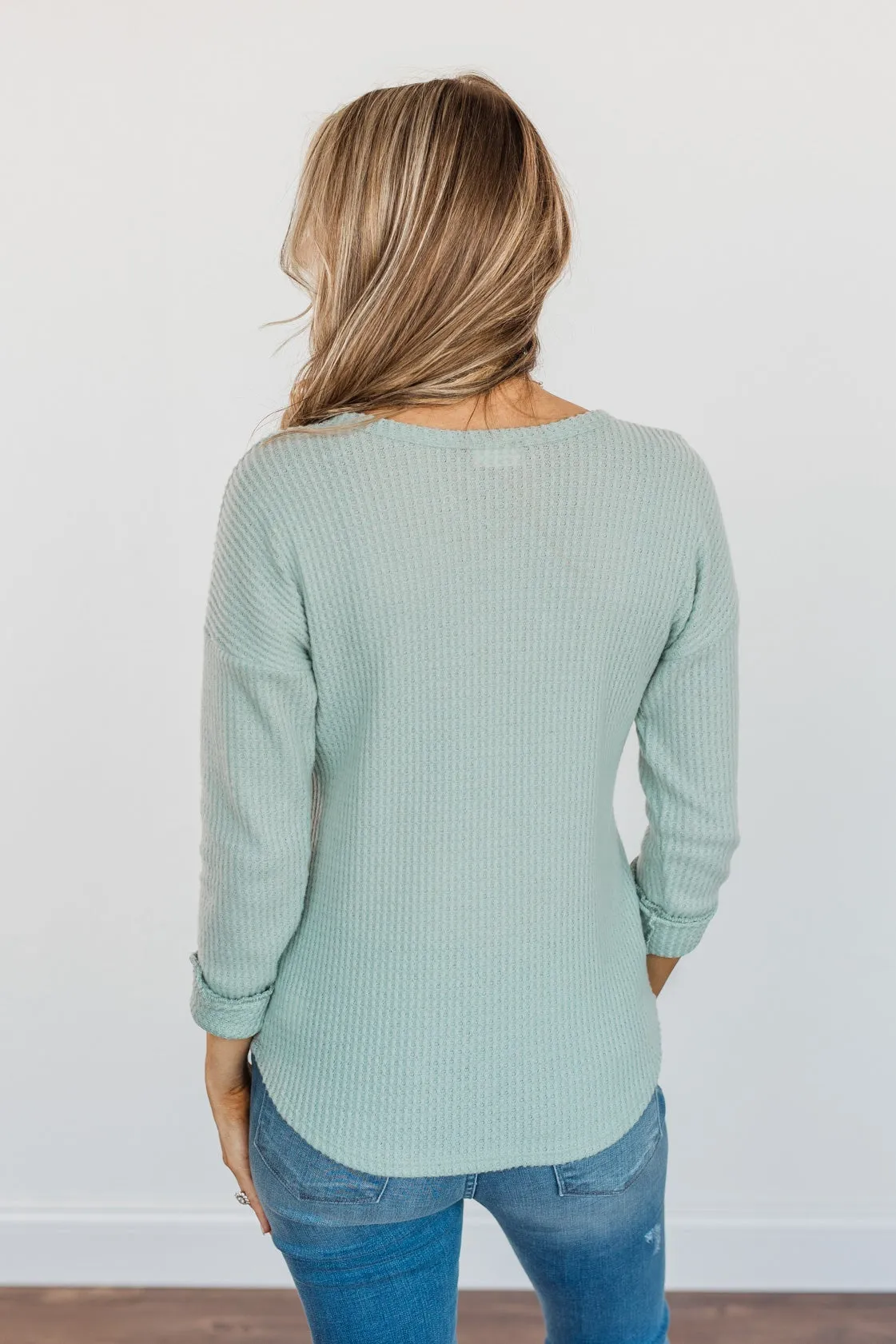 Happy Harvest Waffle Knit Button Top- Light Sage