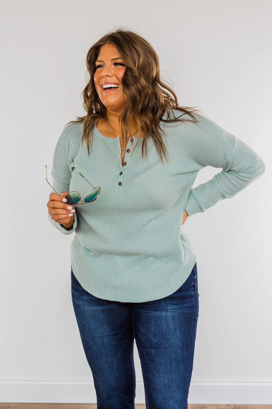 Happy Harvest Waffle Knit Button Top- Light Sage