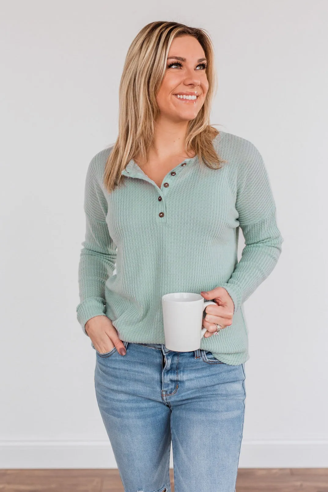 Happy Harvest Waffle Knit Button Top- Light Sage