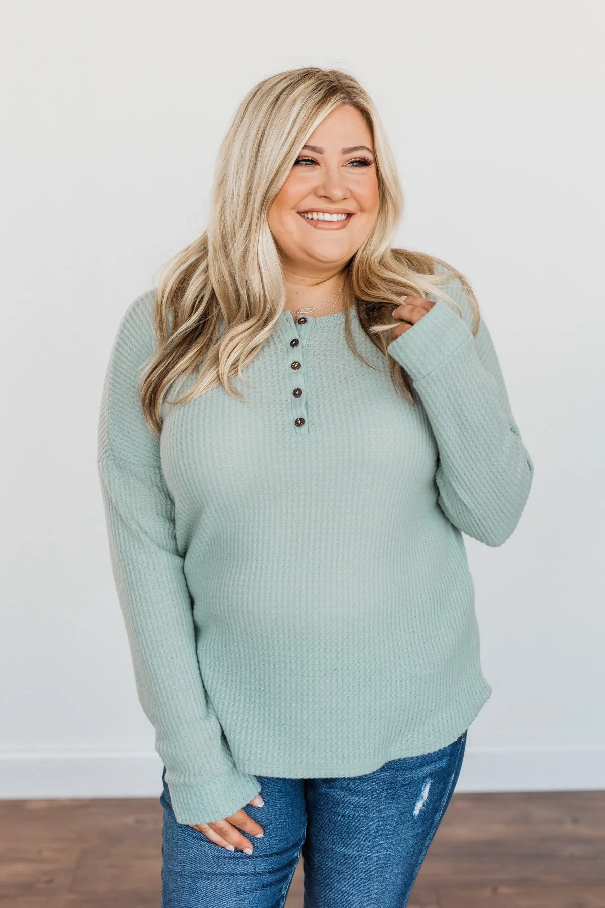 Happy Harvest Waffle Knit Button Top- Light Sage