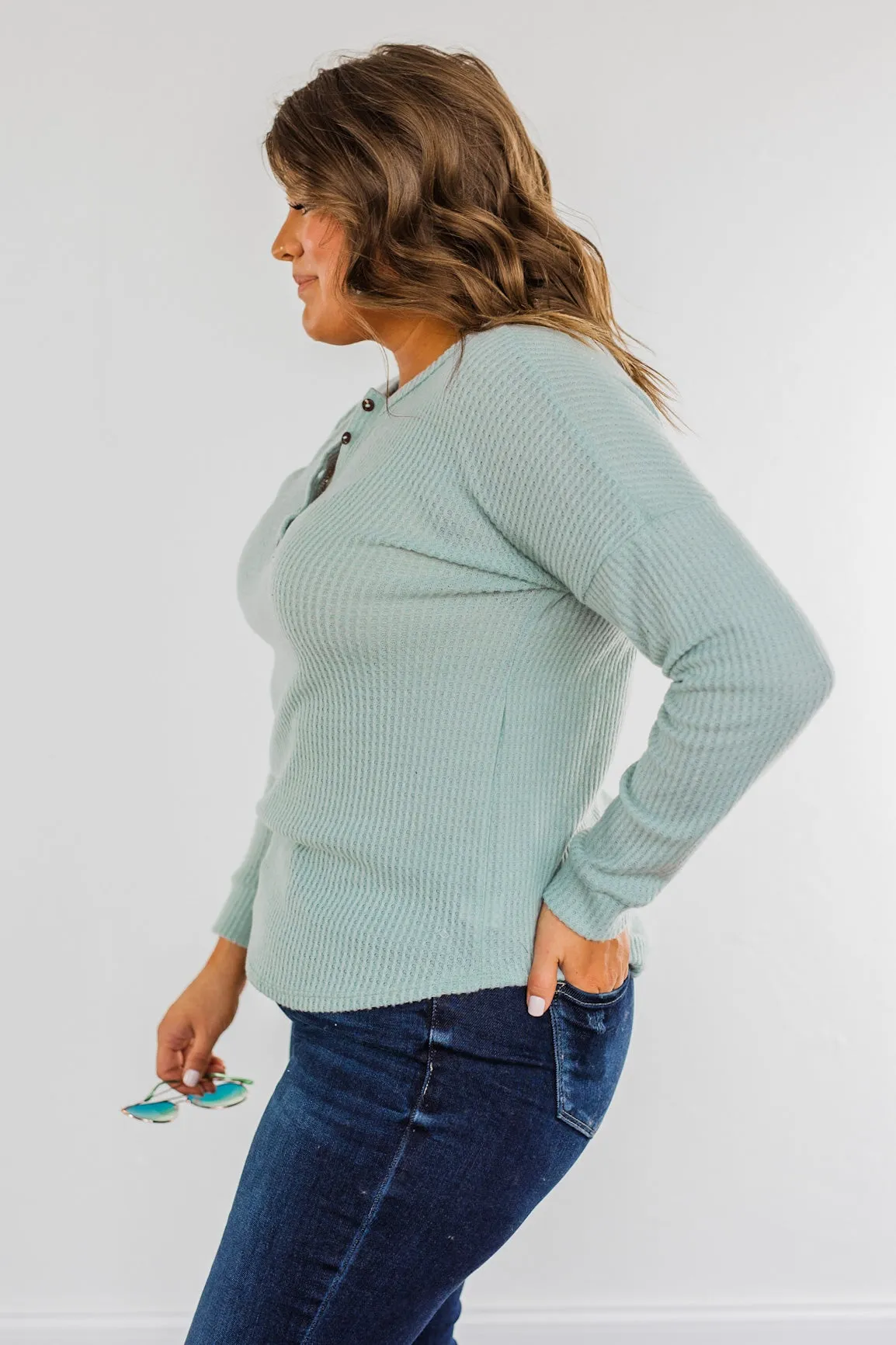 Happy Harvest Waffle Knit Button Top- Light Sage