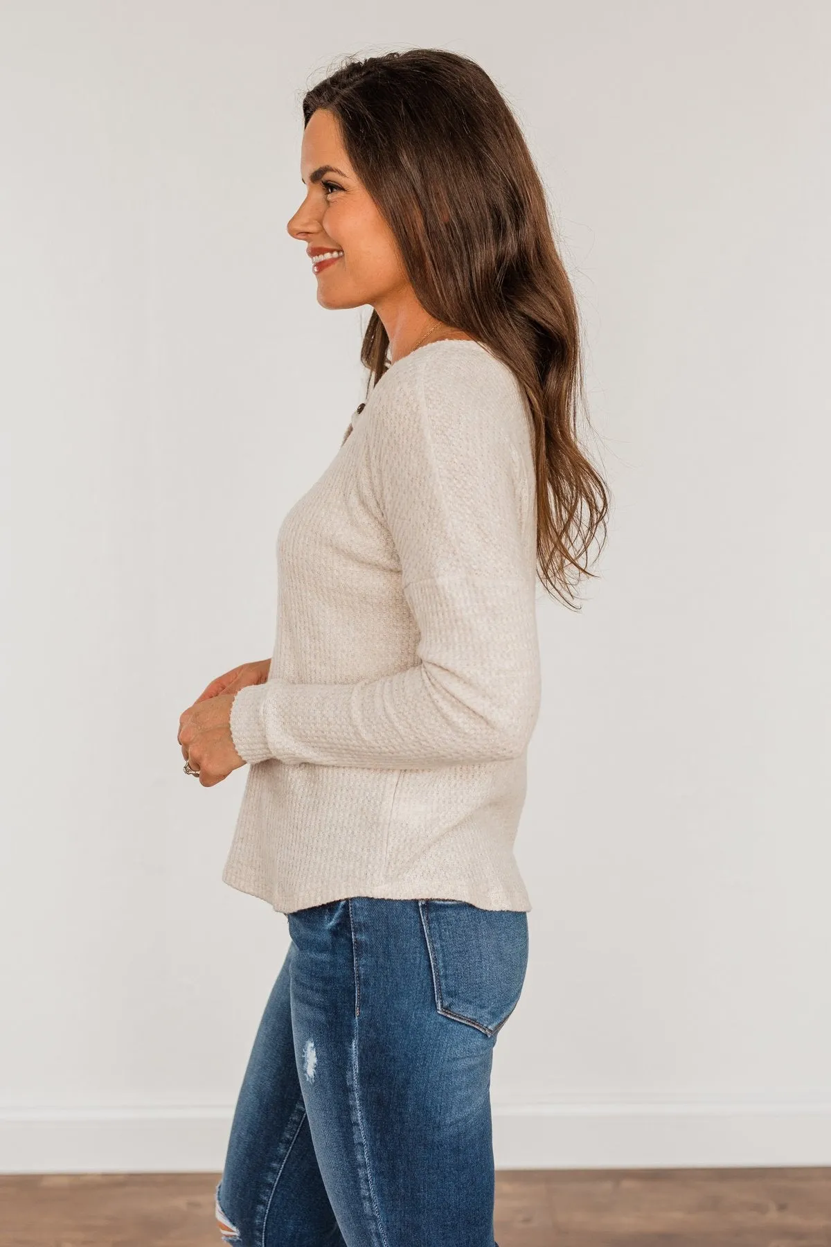 Happy Harvest Waffle Knit Button Top- Oatmeal