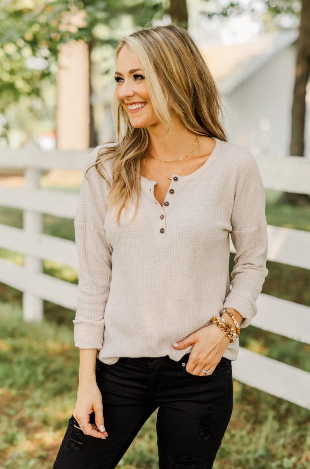 Happy Harvest Waffle Knit Button Top- Oatmeal