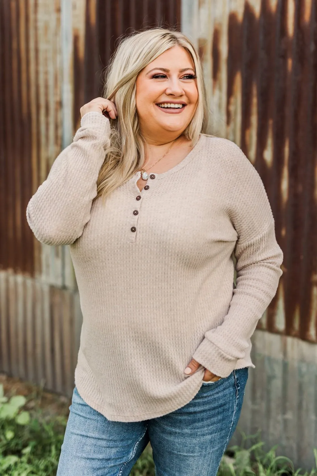 Happy Harvest Waffle Knit Button Top- Oatmeal