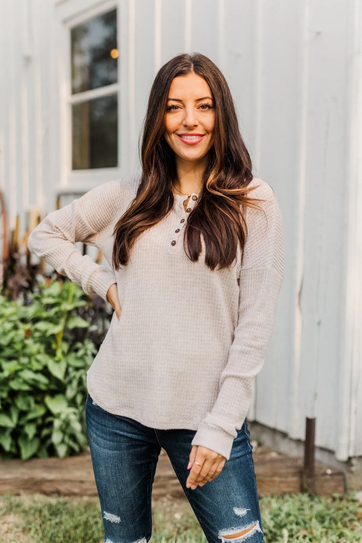 Happy Harvest Waffle Knit Button Top- Oatmeal