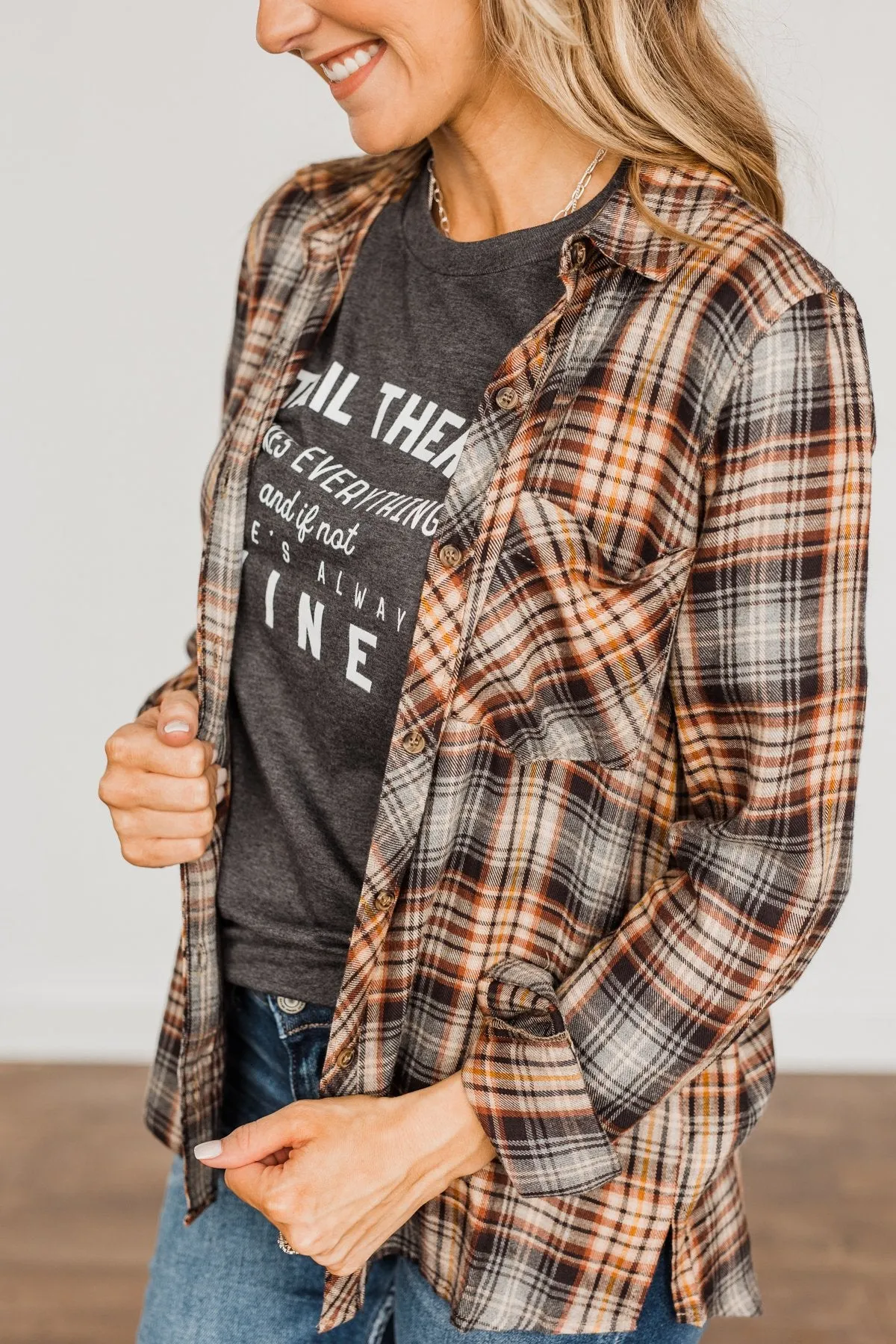 Harvest Wishes Button Down Plaid Top- Navy, Rust, & Oatmeal