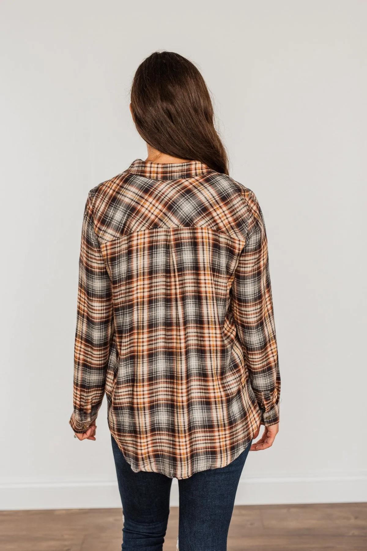 Harvest Wishes Button Down Plaid Top- Navy, Rust, & Oatmeal