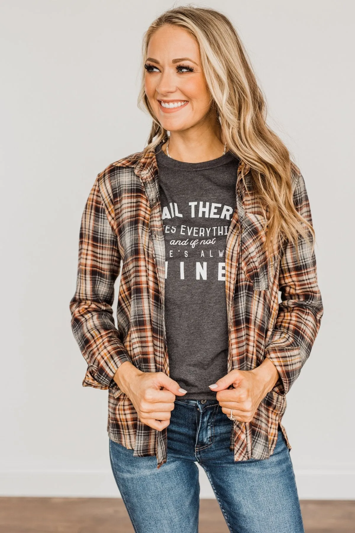 Harvest Wishes Button Down Plaid Top- Navy, Rust, & Oatmeal