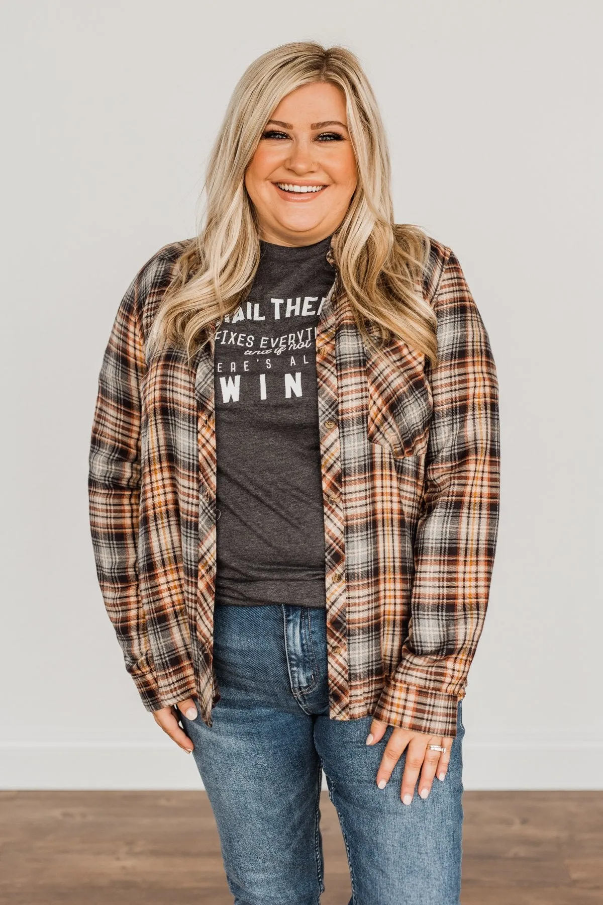 Harvest Wishes Button Down Plaid Top- Navy, Rust, & Oatmeal