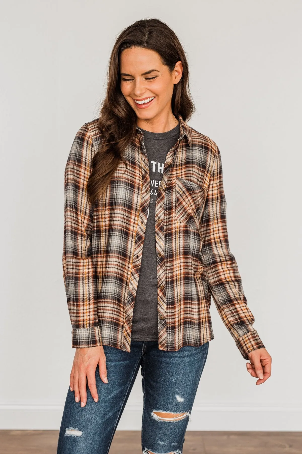 Harvest Wishes Button Down Plaid Top- Navy, Rust, & Oatmeal