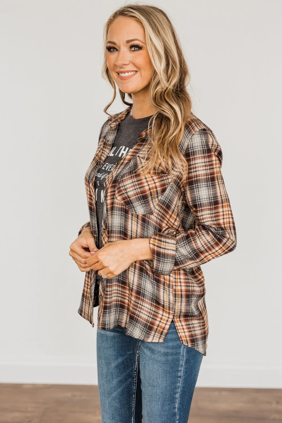 Harvest Wishes Button Down Plaid Top- Navy, Rust, & Oatmeal