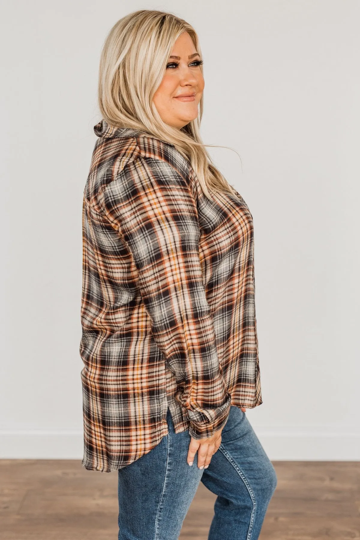 Harvest Wishes Button Down Plaid Top- Navy, Rust, & Oatmeal