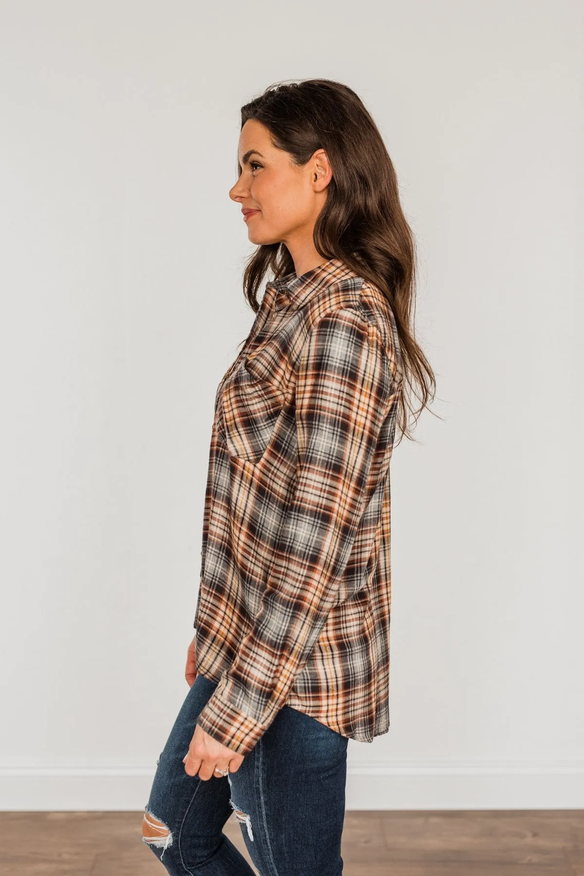 Harvest Wishes Button Down Plaid Top- Navy, Rust, & Oatmeal