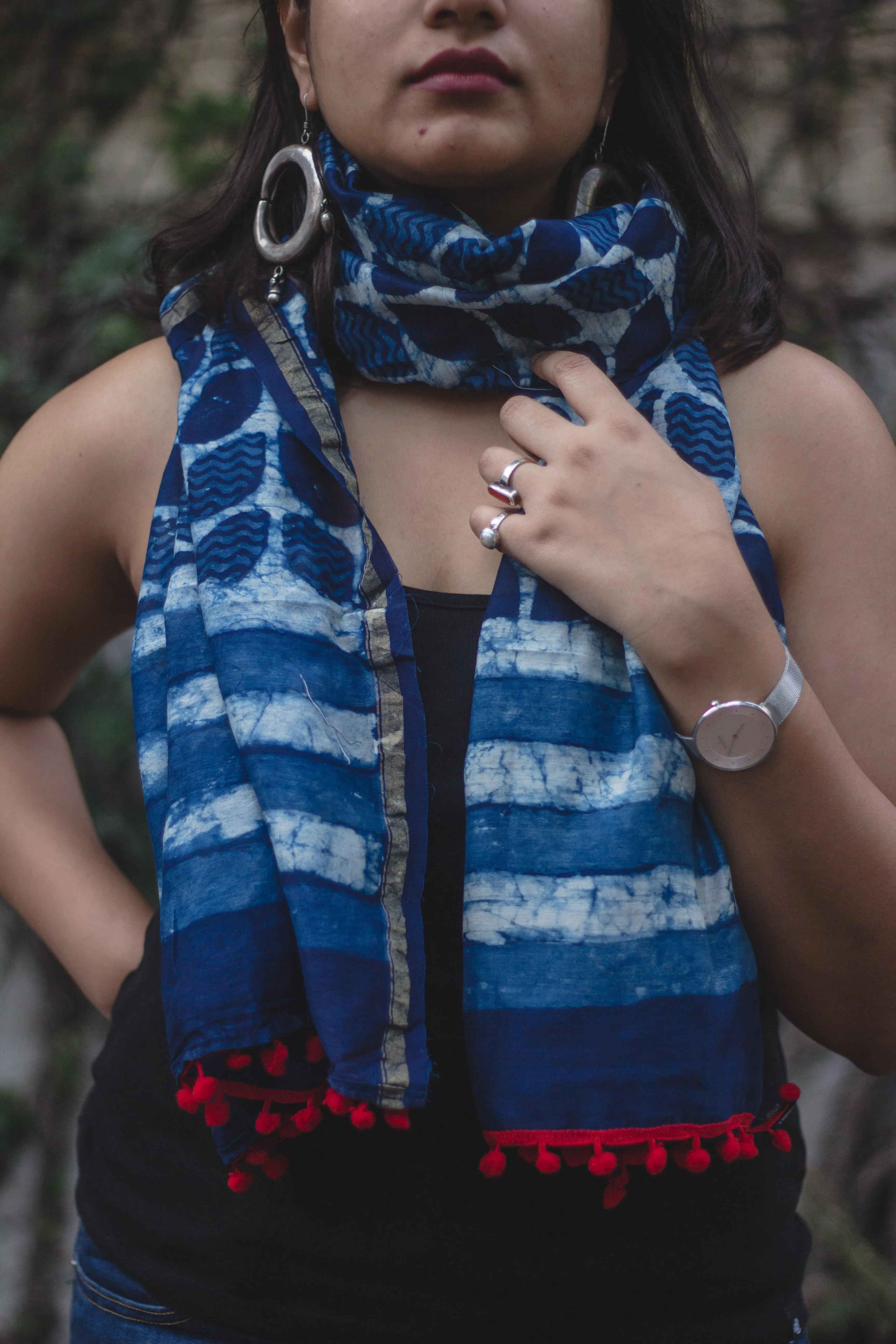 Indigo stole -  Chanderi leaf print