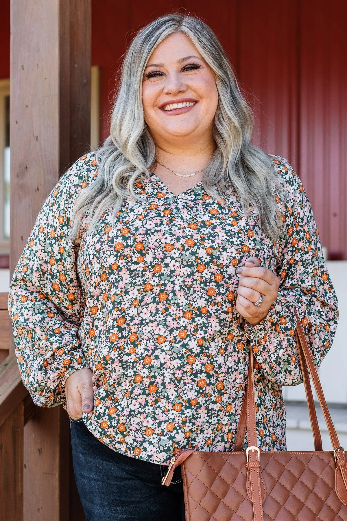 Keeping Dreams Alive Floral Blouse- Hunter Green