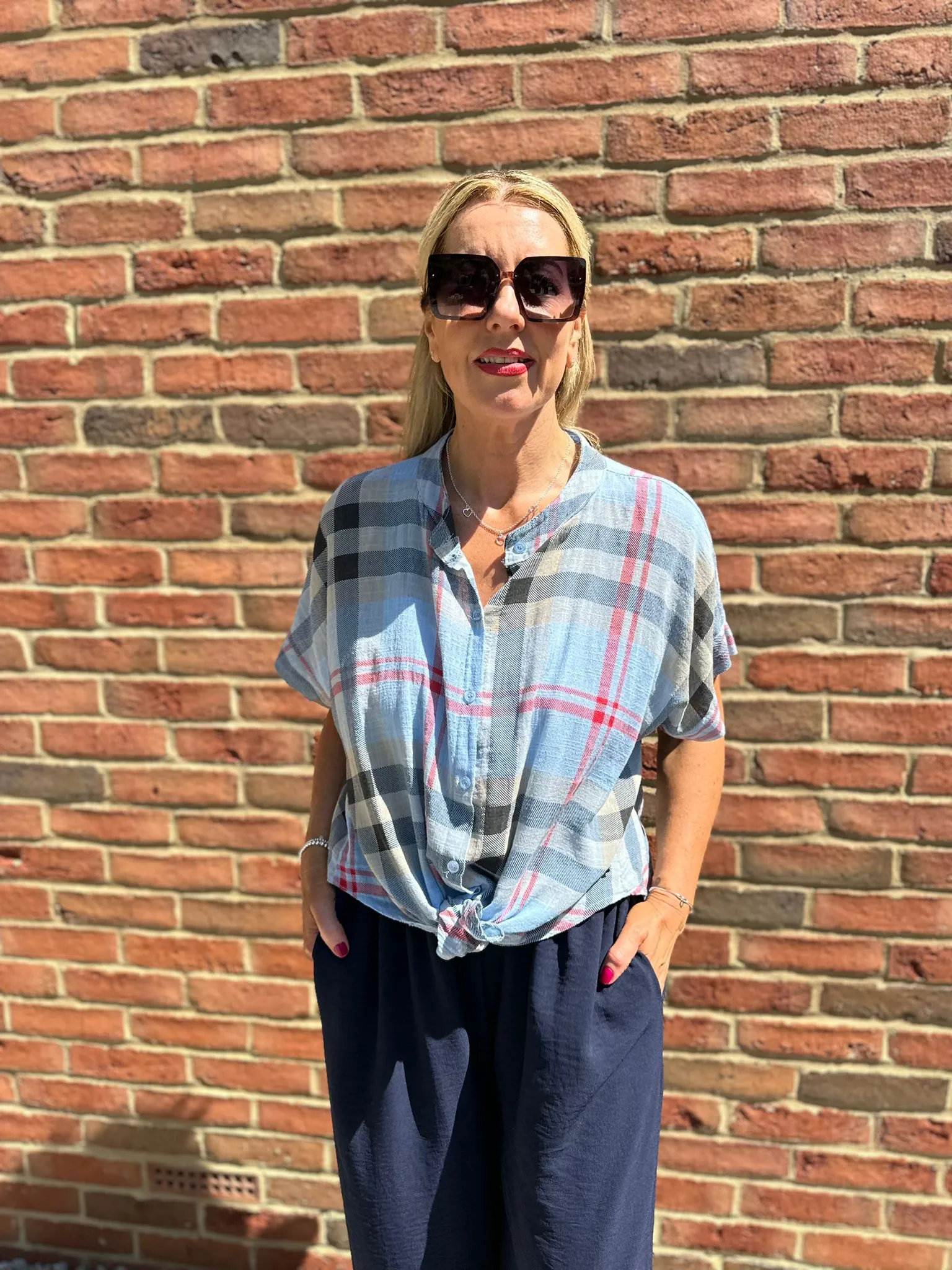 Light Blue Checked Pattern Tie Front Blouse Hayley