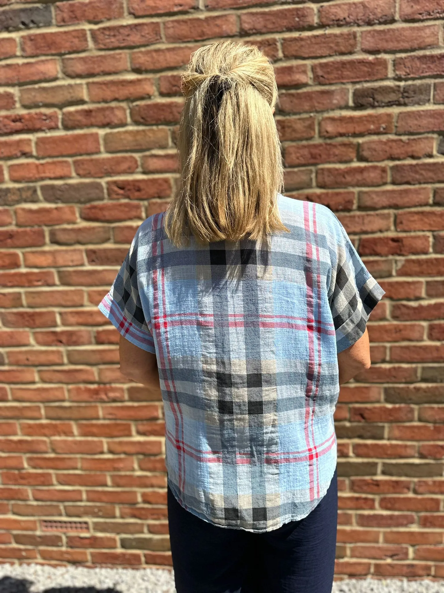 Light Blue Checked Pattern Tie Front Blouse Hayley