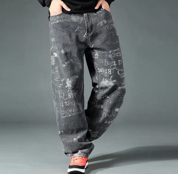 Men's Casual Denim Hip Hop Loose Fit Printed Pattern Straight Leg Pants