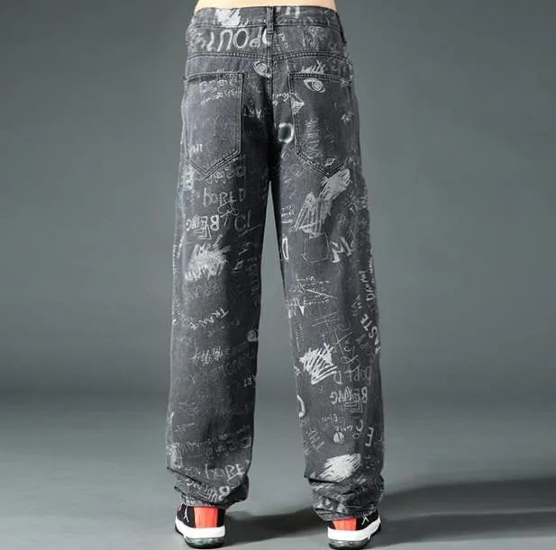 Men's Casual Denim Hip Hop Loose Fit Printed Pattern Straight Leg Pants