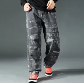 Men's Casual Denim Hip Hop Loose Fit Printed Pattern Straight Leg Pants