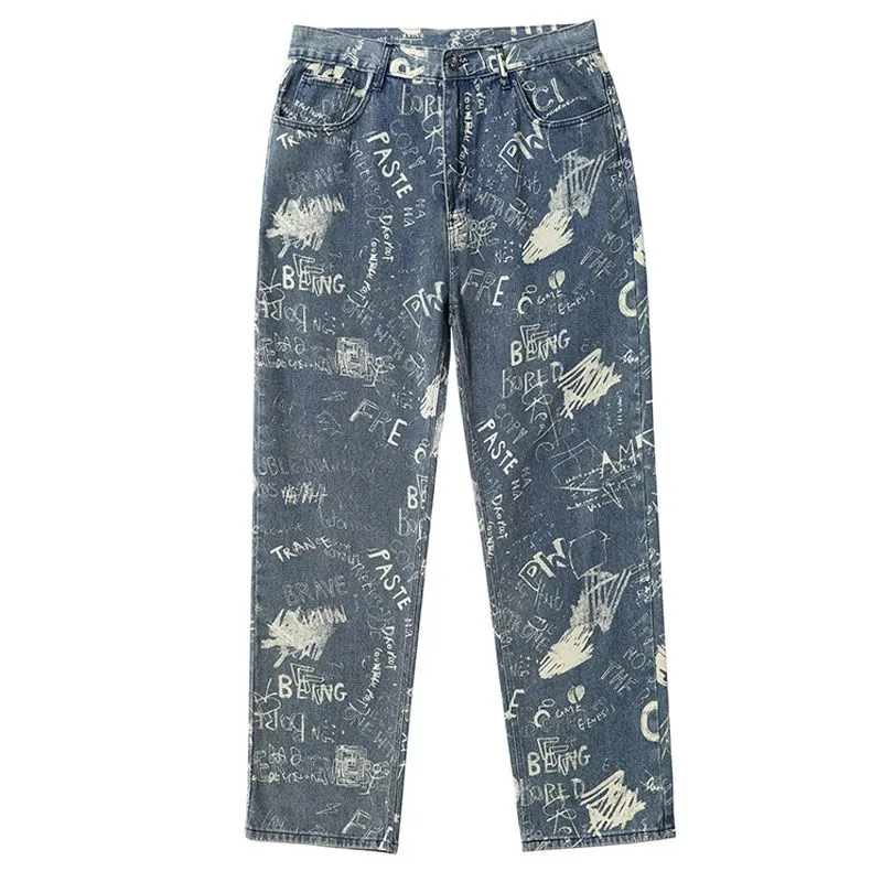 Men's Casual Denim Hip Hop Loose Fit Printed Pattern Straight Leg Pants