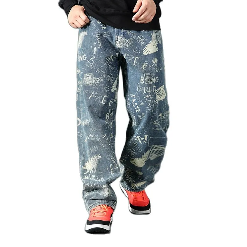 Men's Casual Denim Hip Hop Loose Fit Printed Pattern Straight Leg Pants