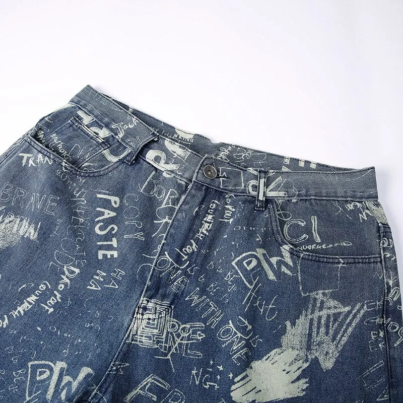 Men's Casual Denim Hip Hop Loose Fit Printed Pattern Straight Leg Pants