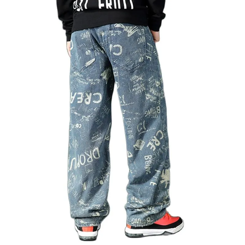 Men's Casual Denim Hip Hop Loose Fit Printed Pattern Straight Leg Pants