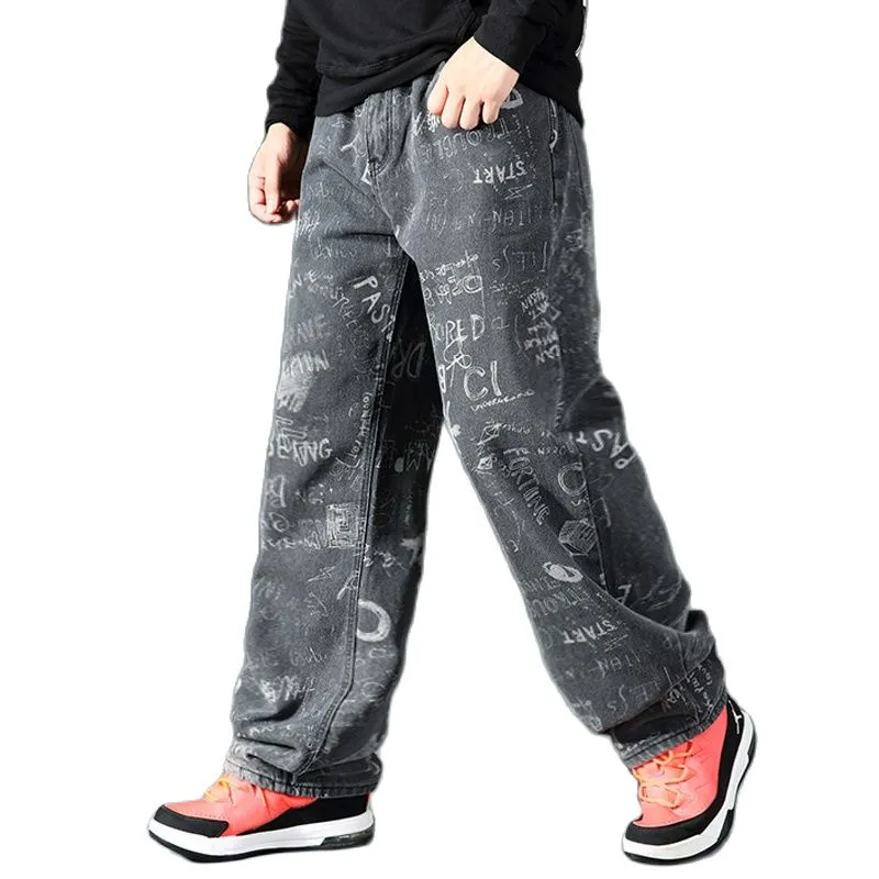 Men's Casual Denim Hip Hop Loose Fit Printed Pattern Straight Leg Pants