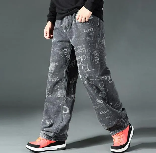 Men's Casual Denim Hip Hop Loose Fit Printed Pattern Straight Leg Pants