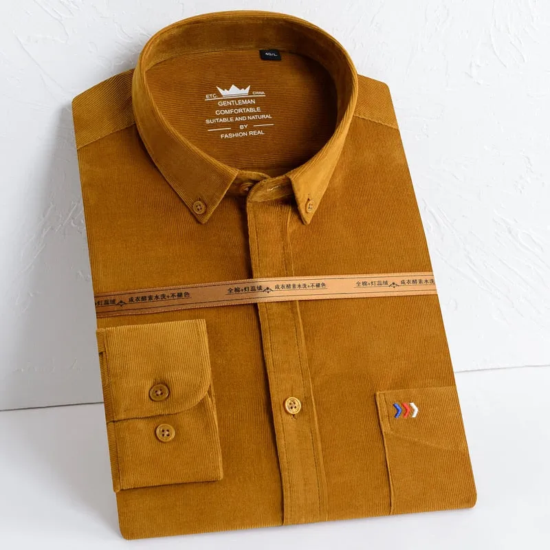 Men's Cotton Single Patch Pocket Corduroy Button-down Long Sleeve Shirts