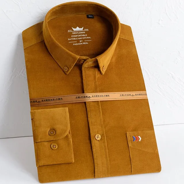 Men's Cotton Single Patch Pocket Corduroy Button-down Long Sleeve Shirts