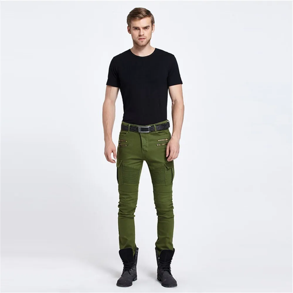 Men's Hip Hop Mid Waist Slim Fit Full Length Biker Denim Cargo Pants