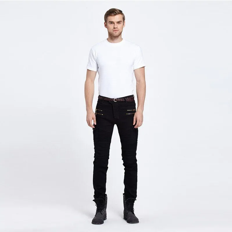 Men's Hip Hop Mid Waist Slim Fit Full Length Biker Denim Cargo Pants