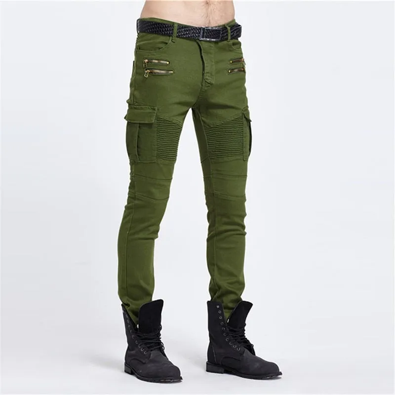 Men's Hip Hop Mid Waist Slim Fit Full Length Biker Denim Cargo Pants