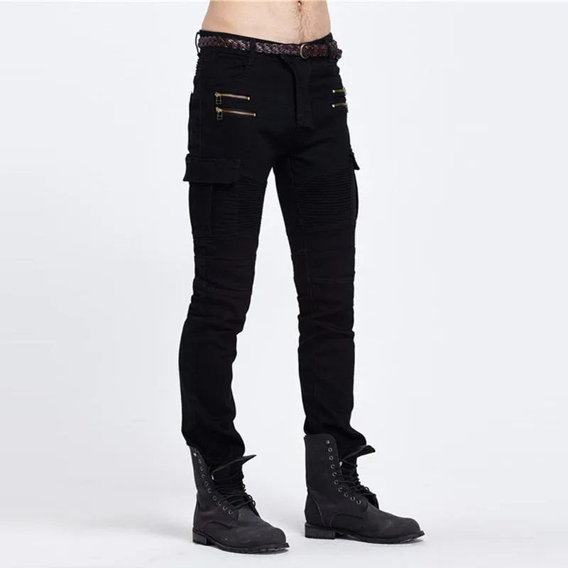 Men's Hip Hop Mid Waist Slim Fit Full Length Biker Denim Cargo Pants