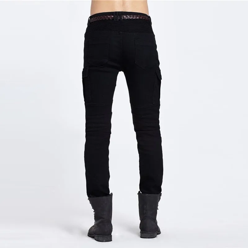 Men's Hip Hop Mid Waist Slim Fit Full Length Biker Denim Cargo Pants