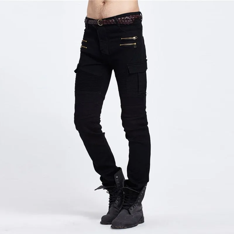 Men's Hip Hop Mid Waist Slim Fit Full Length Biker Denim Cargo Pants