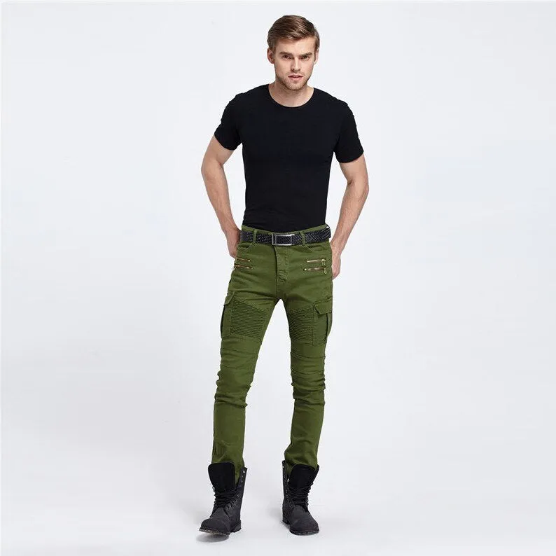 Men's Hip Hop Mid Waist Slim Fit Full Length Biker Denim Cargo Pants