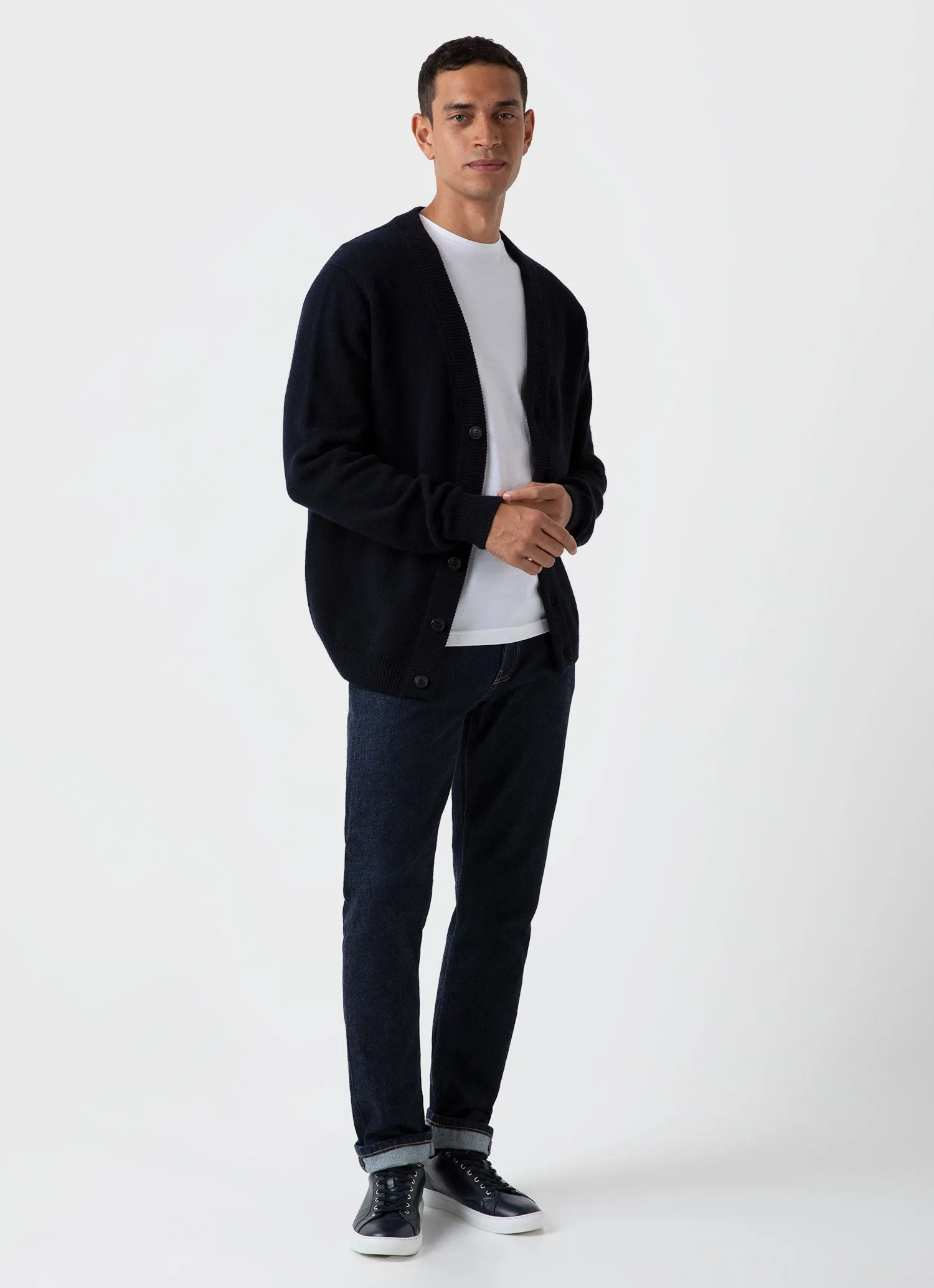 Men's Lambswool Cardigan in Dark Navy Mouline