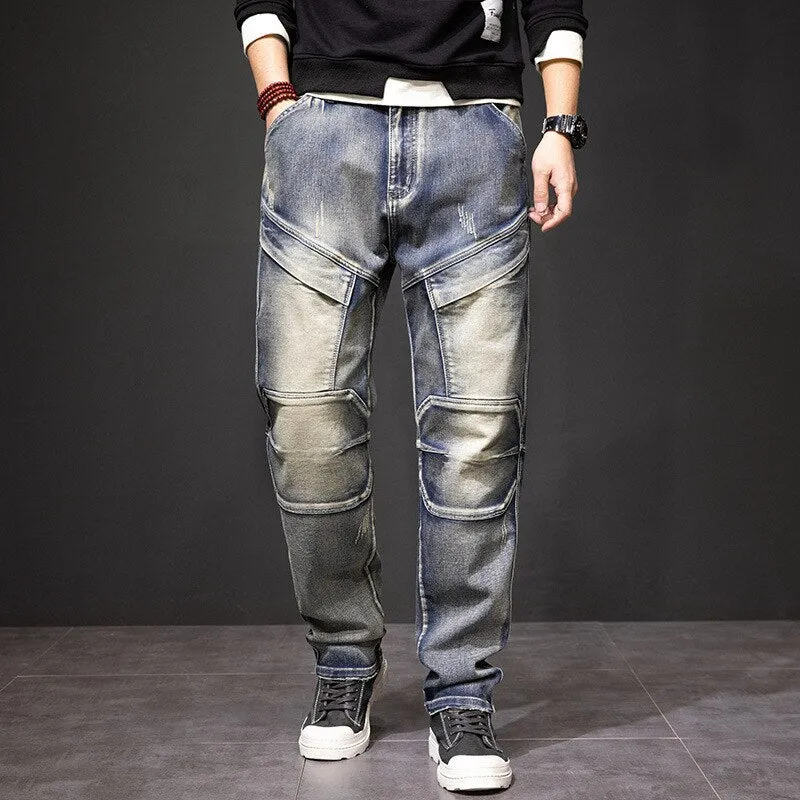 Men's Patchwork Casual Denim Multi-Pocket Straight Leg Cargo Pants