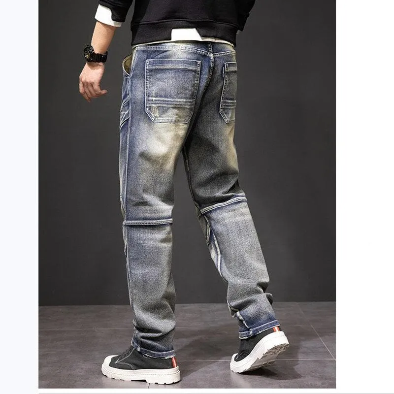 Men's Patchwork Casual Denim Multi-Pocket Straight Leg Cargo Pants