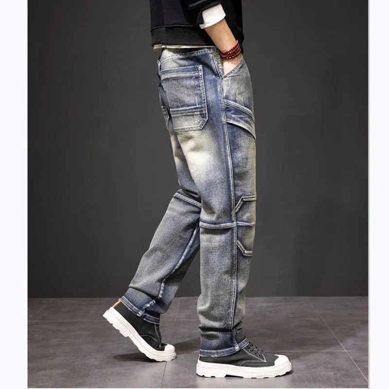 Men's Patchwork Casual Denim Multi-Pocket Straight Leg Cargo Pants