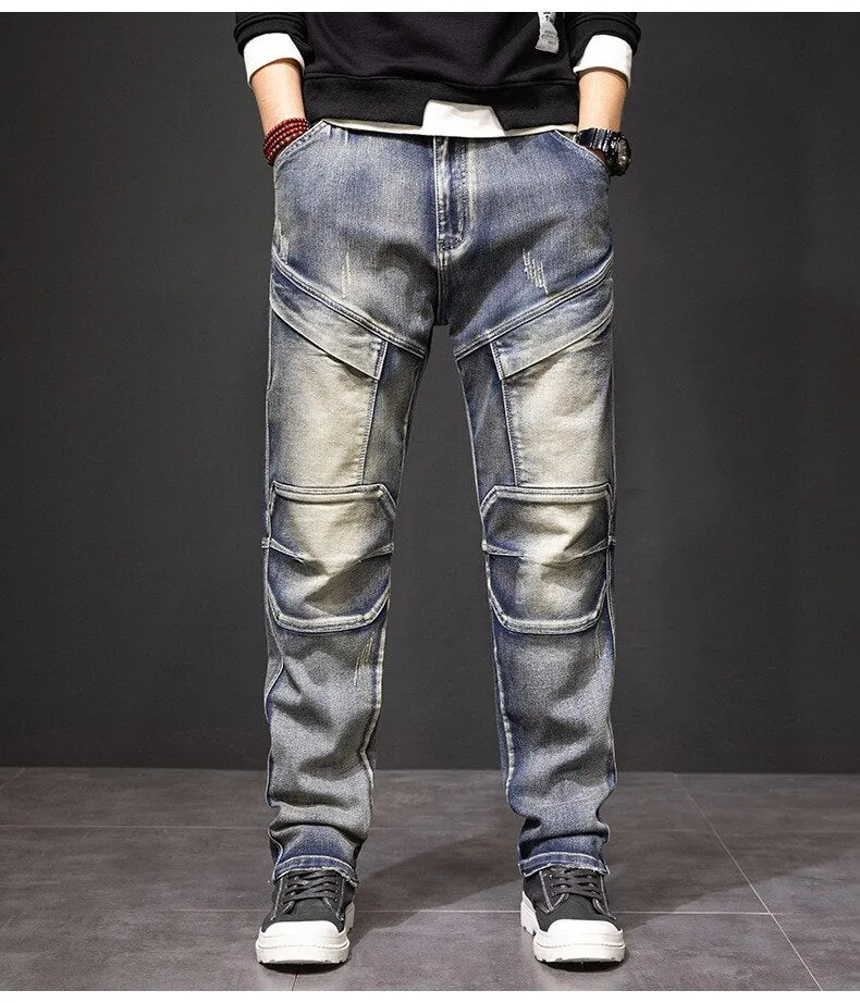 Men's Patchwork Casual Denim Multi-Pocket Straight Leg Cargo Pants