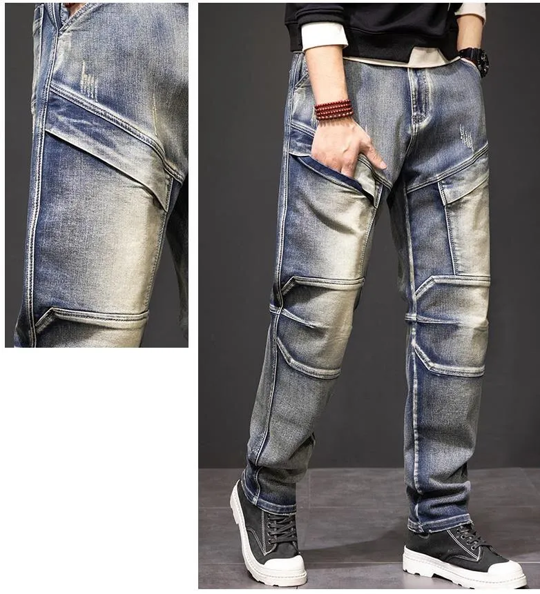 Men's Patchwork Casual Denim Multi-Pocket Straight Leg Cargo Pants