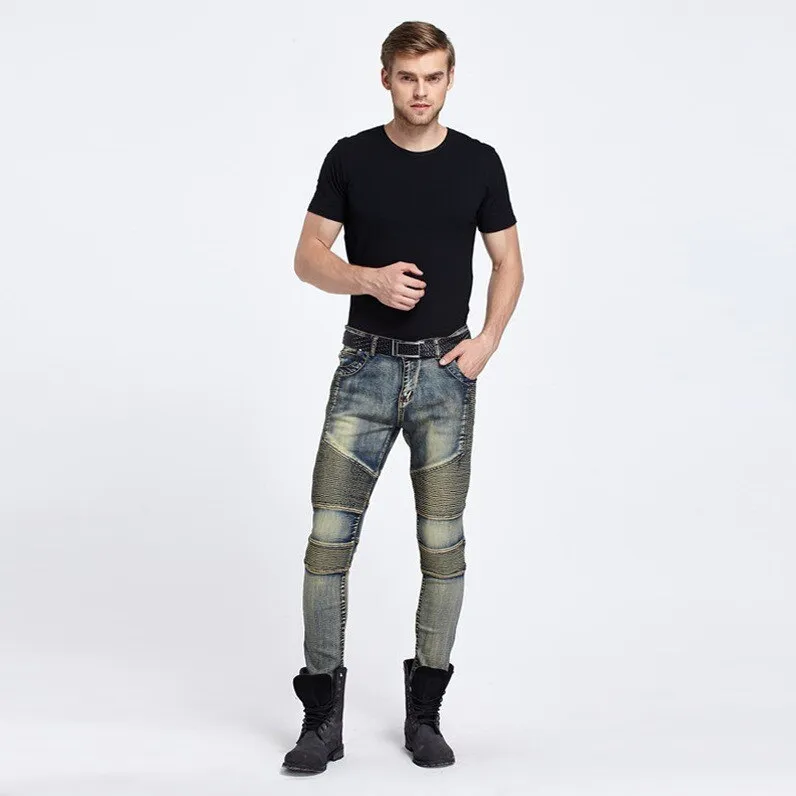 Men's Skinny Runway Elastic Mid Waist Denim Moto Biker Hip-hop Jeans