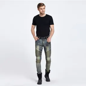 Men's Skinny Runway Elastic Mid Waist Denim Moto Biker Hip-hop Jeans